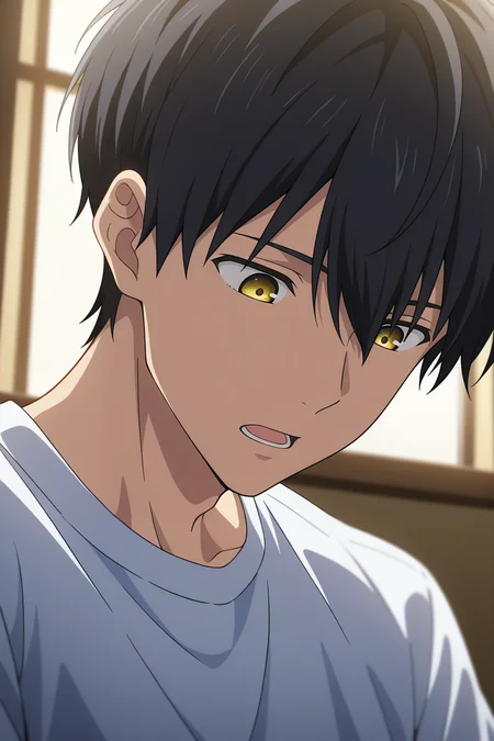 masterpiece, best quality, amazing quality, very aesthetic, high resolution, ultra-detailed, absurdres, newest, scenery, volumetric lighting, depth of field,anime screencap, , , 1boy, solo, male focus, <lora:kuro:0.73>, kuro sakuragawa,black hair,short hair,yellow eyes,looking down,t-shirt,white shirt, open mouth, teeth, indoors, blurry, portrait, close-up,portrait,expressionless