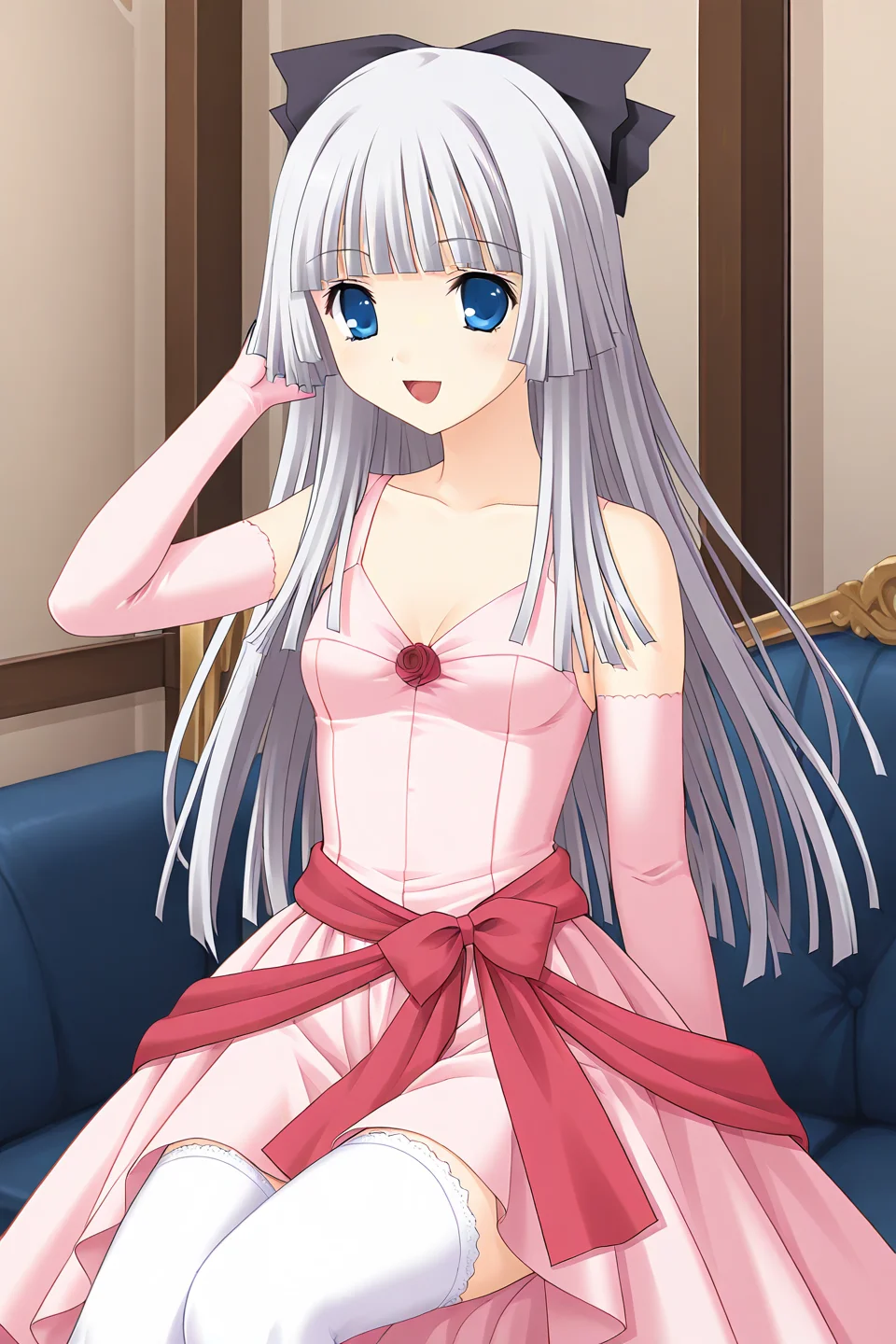 masterpiece, best quality, absurdres, official art, official style, rating general BREAK <lora:rokujoumiyaho_IL_v1:0.7>, rokujou miyaho, 1girl, solo, blue eyes, grey hair, very long hair, blunt bangs, hime cut, straight hair, blunt ends, sidelocks, hair bow, black bow, small breasts,
formal, pink dress, sleeveless dress, long dress, pleated dress, collarbone, cleavage, red rose, pink gloves, elbow gloves, waist bow, red sash, red ribbon, white thighshigh, looking at viewer, bare shoulders, happy, smile, open mouth, indoors, dance hall, dynamic pose, circle skirt, floating hair, wind lift, from above, hand up, reaching, sitting, on couch, knee up, dress lift, knees together feet apart