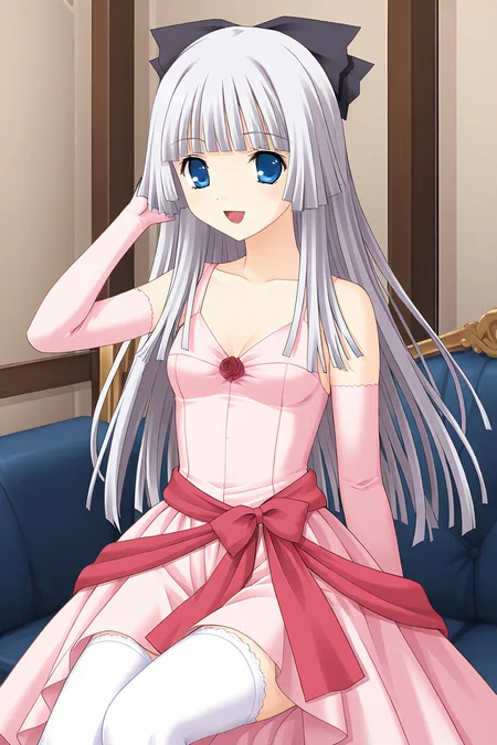 masterpiece, best quality, absurdres, official art, official style, rating general BREAK <lora:rokujoumiyaho_IL_v1:0.7>, rokujou miyaho, 1girl, solo, blue eyes, grey hair, very long hair, blunt bangs, hime cut, straight hair, blunt ends, sidelocks, hair bow, black bow, small breasts,
formal, pink dress, sleeveless dress, long dress, pleated dress, collarbone, cleavage, red rose, pink gloves, elbow gloves, waist bow, red sash, red ribbon, white thighshigh, looking at viewer, bare shoulders, happy, smile, open mouth, indoors, dance hall, dynamic pose, circle skirt, floating hair, wind lift, from above, hand up, reaching, sitting, on couch, knee up, dress lift, knees together feet apart