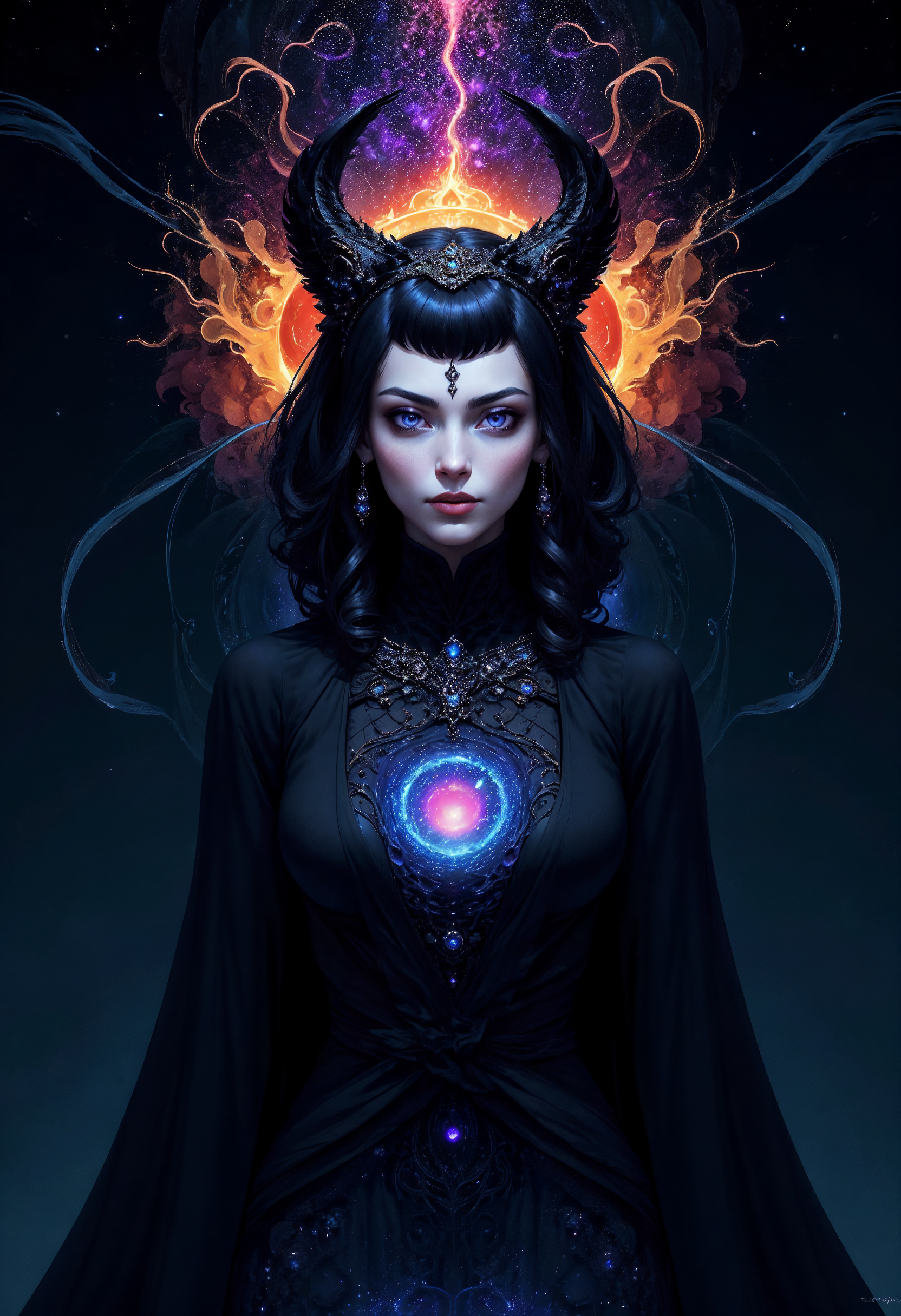 (masterpiece:1.2), (A female void walker, form flickering between existence and nothingness, eyes reflecting the infinite expanse of the void, clad in a swirling cloak of pure darkness and shadow, composed in an abstract cosmic style with black holes and collapsing stars, wearing unique Avant-garde masterpiece attire and headdress:1.1), (bathed in the intense heat of the suns corona, set against the backdrop of the darkest depths of the ocean where sunlight never reaches and bioluminescent creatures illuminate the abyss:1.1), (hyperdetailed:1.1), (intricate details:1.0), (Refined details:1.1), (best quality:1.1), (very stylish detailed modern haircut, mesmerizing detailed radiant face, mesmerizing detailed beautiful eyes:1.2),