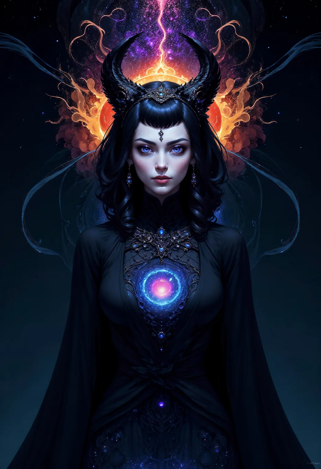 (masterpiece:1.2), (A female void walker, form flickering between existence and nothingness, eyes reflecting the infinite expanse of the void, clad in a swirling cloak of pure darkness and shadow, composed in an abstract cosmic style with black holes and collapsing stars, wearing unique Avant-garde masterpiece attire and headdress:1.1), (bathed in the intense heat of the suns corona, set against the backdrop of the darkest depths of the ocean where sunlight never reaches and bioluminescent creatures illuminate the abyss:1.1), (hyperdetailed:1.1), (intricate details:1.0), (Refined details:1.1), (best quality:1.1), (very stylish detailed modern haircut, mesmerizing detailed radiant face, mesmerizing detailed beautiful eyes:1.2),
