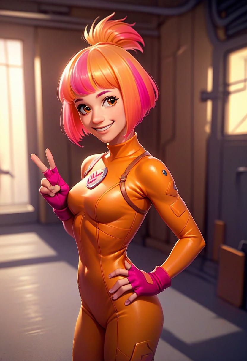 score_9, score_8_up, score_7_up, 1girl, solo, s1mk4, orange hair, topknot, bob cut, orange eyes, bodysuit, fingerless glowes, orange bodysuit, pink hair, multicolored hair, smile, factory, v,