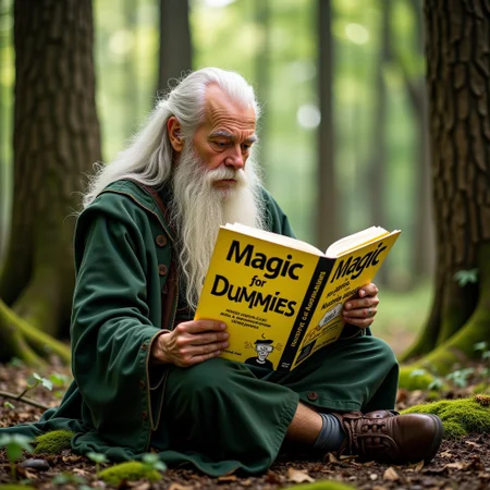 Gandalf sits in a peaceful forest, deeply focused on reading a bright yellow 'For Dummies' book titled "Magic for Dummies". The book mimics the classic 'For Dummies' design with bold text and playful details