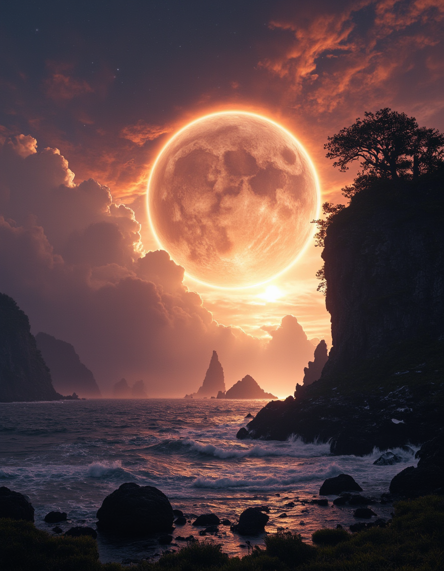 <lora:SW01v2-1flux:1> sw01p, EFFD02, imagination, epic world, halos of light in the darkness of space, sunset, SE12, rich detailed sky, clouds, T10, landscape, mountains, waves, rocks, tree, vegetation, moss, rough sea, waterfall,