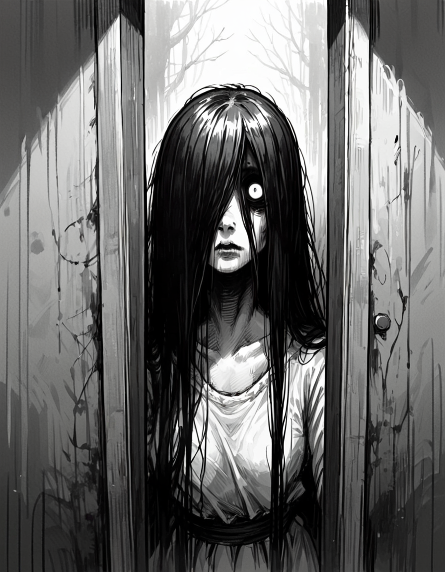 score_9, score_8_up, score_7_up,  <lora:Messy Sketch Style:1>,yamamura sadako, standing in doorway, (white empty eyes), looking at viewer, creepy, hair over one eye,  monochrome,