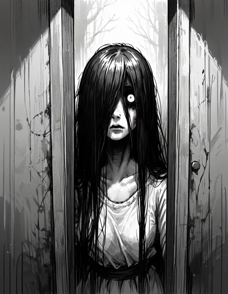 score_9, score_8_up, score_7_up,  <lora:Messy Sketch Style:1>,yamamura sadako, standing in doorway, (white empty eyes), looking at viewer, creepy, hair over one eye,  monochrome,