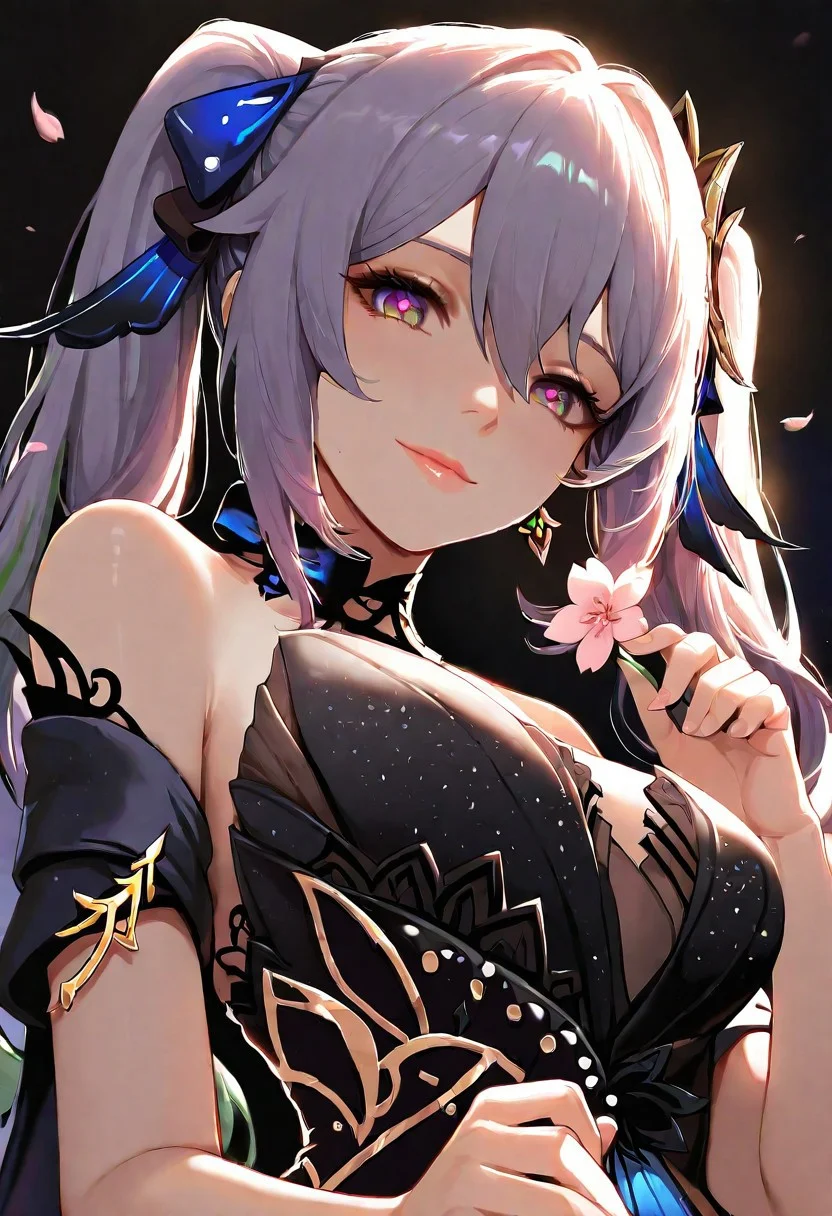 1girl, Keqing Nahida Genshin Impact, Opulent Splendor, mature adult body, lips, thin lips, solo, looking at viewer, charming smile, holding flower, chupa chups, upper body, from below, back lighting, dark, multicolored background, masterpiece, cherry blossom, best quality, very aesthetic
