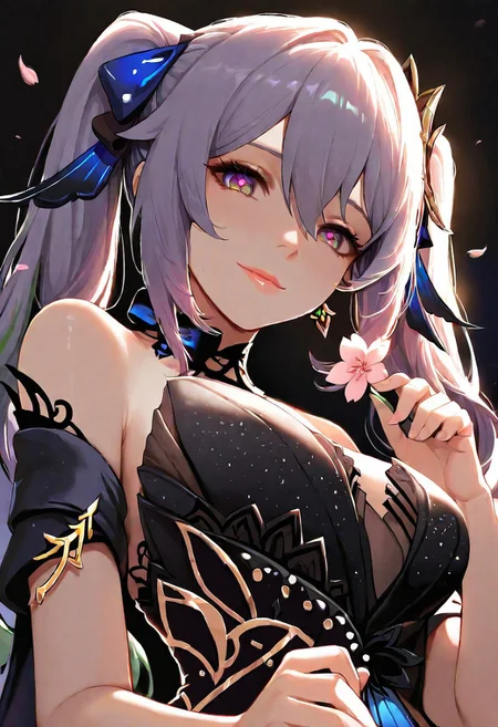 1girl, Keqing Nahida Genshin Impact, Opulent Splendor, mature adult body, lips, thin lips, solo, looking at viewer, charming smile, holding flower, chupa chups, upper body, from below, back lighting, dark, multicolored background, masterpiece, cherry blossom, best quality, very aesthetic