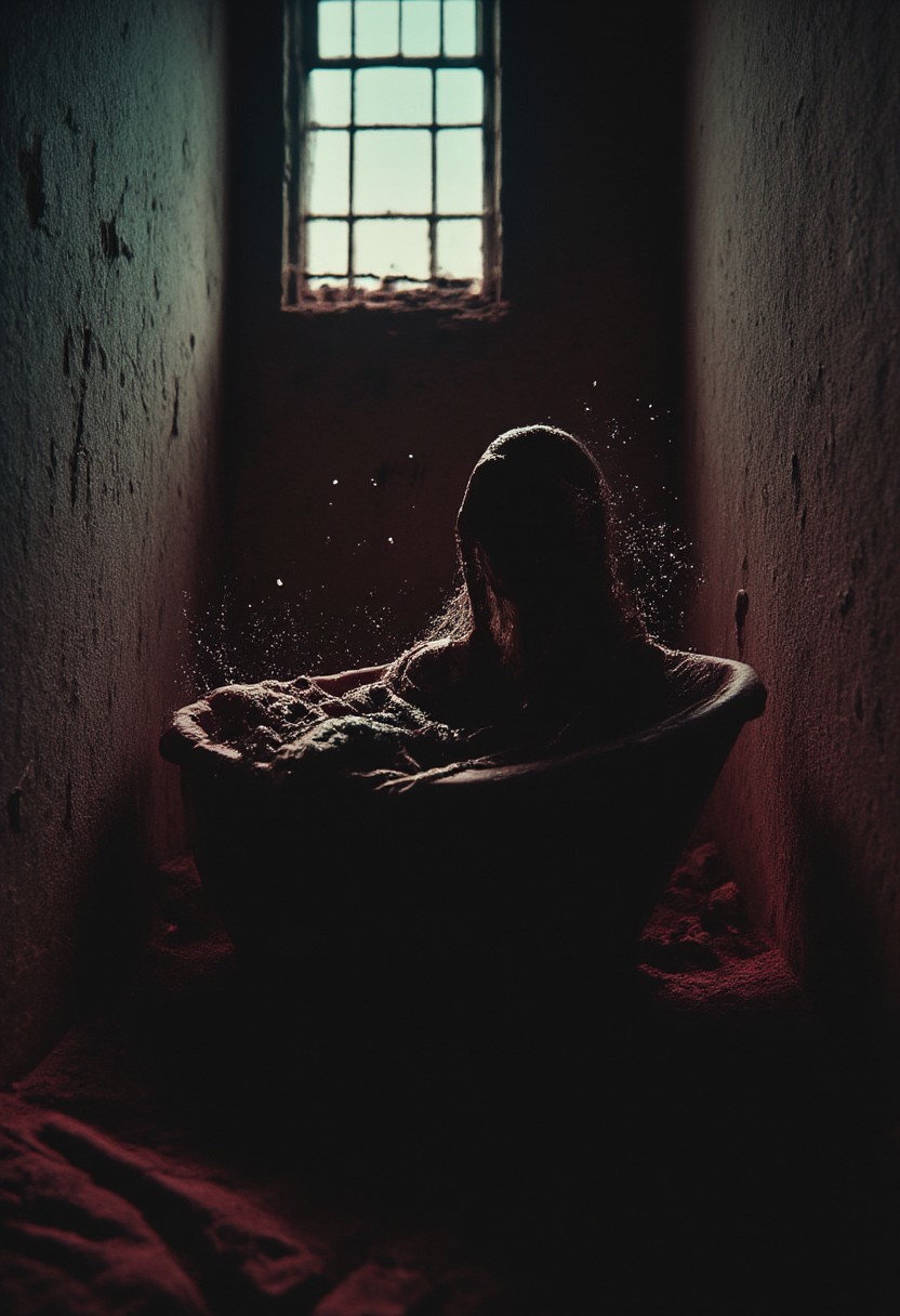 Extreme Close-Up of a hooded female with no visible face, DARK movie still, heavy film grain, monochrome with low-key color highlights. A Create a captivating story inspired by this image: an octopus woman lounging in a bathtub nestled within a dilapidated house, its walls half-standing, her tentacles leisurely draping over the edge as bubbles froth around her.. The scene is gritty, with dust, dirt, and noir-style high contrast, deep blacks, creating a hyperpunk scene with desaturated dark red and blue details, colorful (polaroid:0.7) with vibrant colors, (vacations, high resolution:1.3), (small, selective focus, european film:1.2), (sexual advance:1.1), closeup, atmospheric lighting with eye trails, and vibrant spectral light rays.