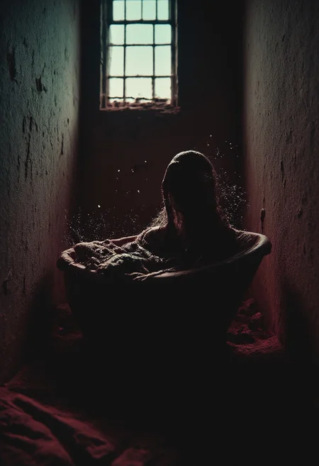 Extreme Close-Up of a hooded female with no visible face, DARK movie still, heavy film grain, monochrome with low-key color highlights. A Create a captivating story inspired by this image: an octopus woman lounging in a bathtub nestled within a dilapidated house, its walls half-standing, her tentacles leisurely draping over the edge as bubbles froth around her.. The scene is gritty, with dust, dirt, and noir-style high contrast, deep blacks, creating a hyperpunk scene with desaturated dark red and blue details, colorful (polaroid:0.7) with vibrant colors, (vacations, high resolution:1.3), (small, selective focus, european film:1.2), (sexual advance:1.1), closeup, atmospheric lighting with eye trails, and vibrant spectral light rays.