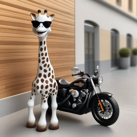 professional 3d model a giraffe animal wears sunglasses and a black leather jacket, rides harley davidson <lora:Sophie1024:0.8> . octane render, highly detailed, volumetric, dramatic lighting