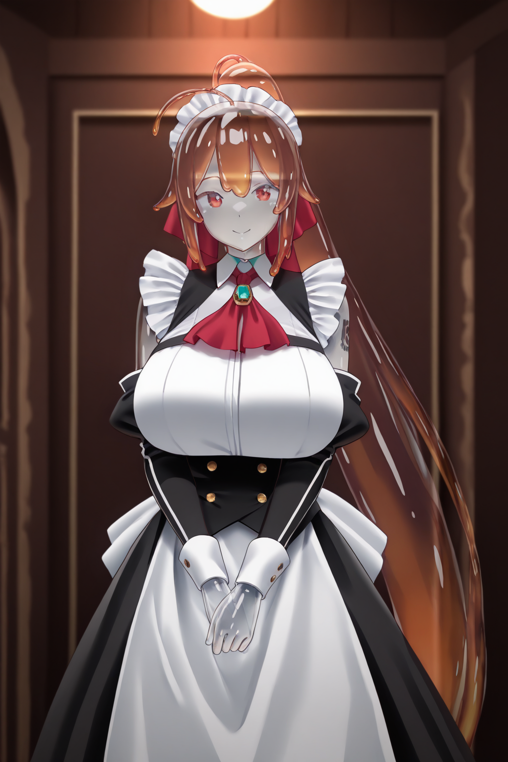 looking at viewer,facing viewer,1girl, <lora:wizardslimev25:1.4> wizardslimus,goo girl,white skin color,slime skin,brown hair,translucent head,translucent body,translucent hair,translucent face,see-through skin,see-through head,slime girl,slime hair <lora:Amagi_IL:0.8> Amagi,brown hair, ponytail,very long hair,red eyes, huge breasts,ahoge,maid, apron, maid headdress, tattoo, detached sleeves, dress, maid apron, hair ribbon, shoulder tattoo, ribbon, black dress, ascot, breasts,digital illustration,1girl, masterpiece, best quality,highres,