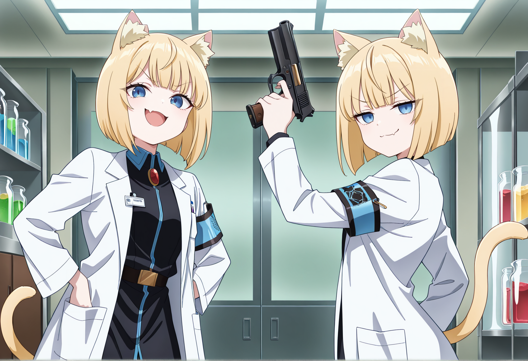 2girls, indoors, laboratory, anime coloring, 1girl, military uniform, lab coat, smug, blonde hair, blue eyes, cat tail, blonde tail, cat ears, skin fang, holding gun, armband, looking at looking at viewer, bob cut, twins  <lora:Jinki_v2:0.8>, masterpiece, best quality, amazing quality, very aesthetic, absurdres, highres, newest
