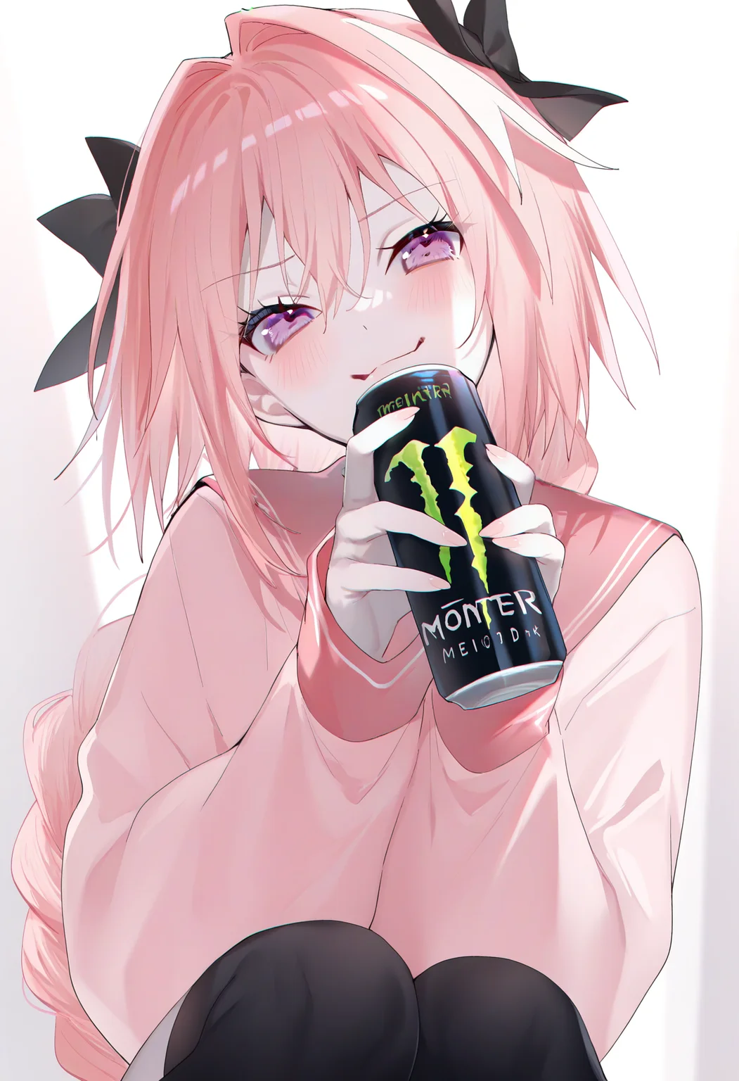 <lora:Rag:1>, best quality, masterpiece, miwano rag, 1boy, pink hair, astolfo \(fate\), pink serafuku, thighhighs, pale skin, blush, smug, head tilt, upper body, holding Monster Energy drink, can