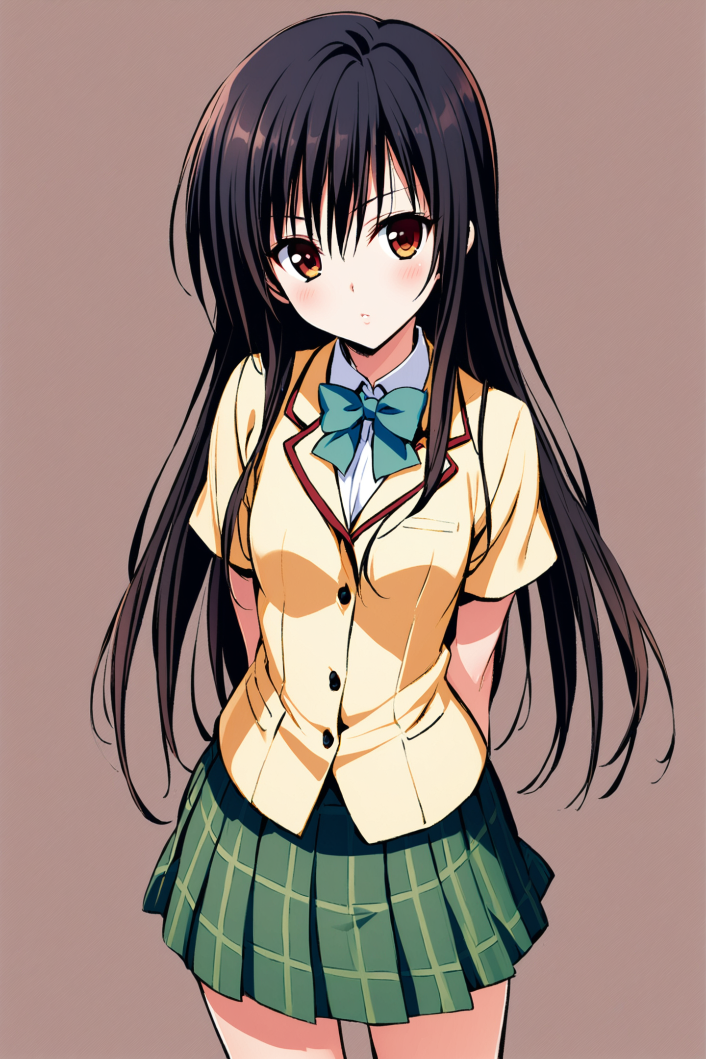 1girl,kotegawa yui,solo,long hair,school uniform,black hair,standing,simple background,white background,looking at viewer,<lora:Yabuki Kentarou_XL_V2:0.8>,