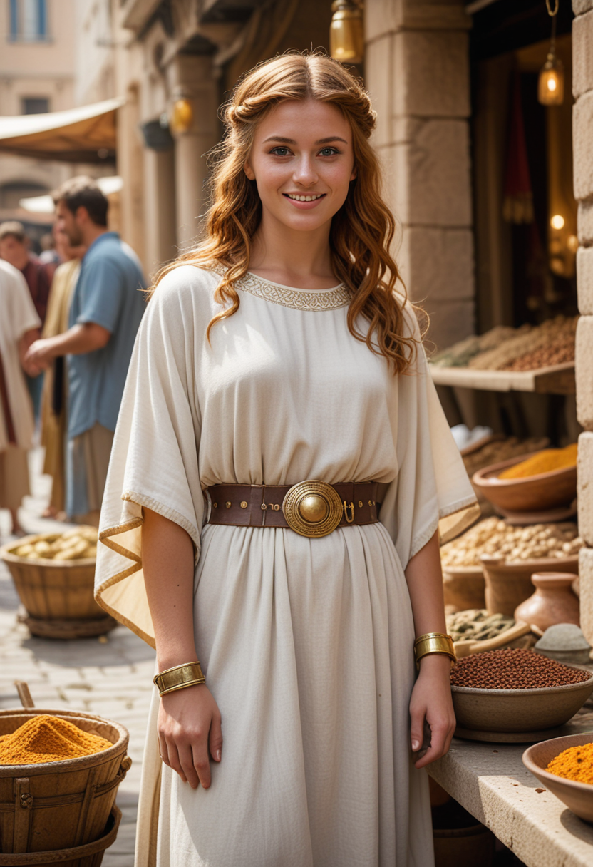 (medium full shot) of (glamorous young woman from the ancient roman era), australian, tan skin, olive green eyes, Medium build, long ginger curtain bangs hair, wearing a gold tunic with belt, traditional white toga, hide sandals, signet ring, gold armband,  set in ancient rome,  a vibrant Roman market, with stalls selling spices, fabrics, and pottery, and people haggling and bartering , woman smiling, Masterpiece,best quality, photo, realistic, very aesthetic, detailed face,