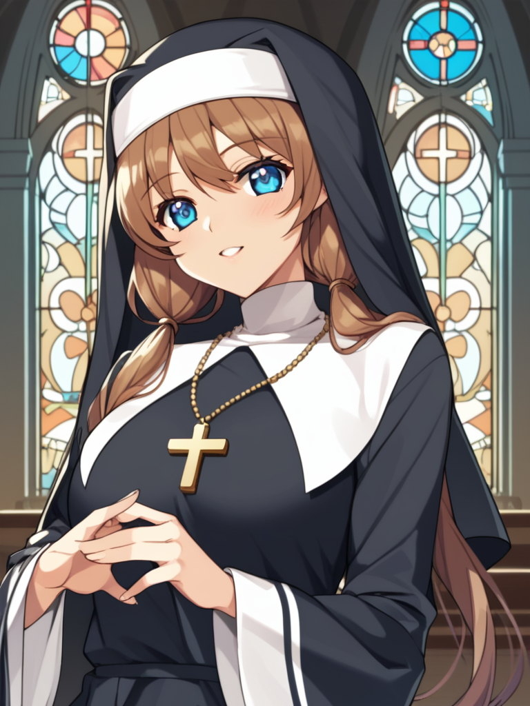 score_9, score_8_up, score_7_up, score_6_up, BREAK masterpiece, perfect face, perfect hands, high quality, source_cartoon, BREAK (1girl, solo,) <lora:Renka_Misaki_-_Akiba_Girls:1> renka, long hair, brown hair, twintails, blue eyes, nun habit, nun uniform, church, stained glass windows,