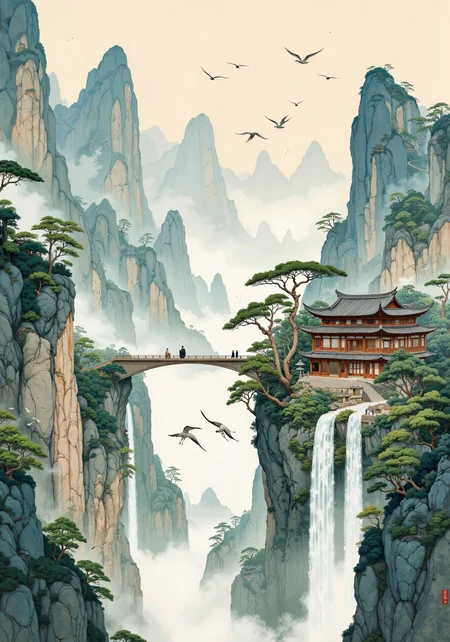 Ethereal waterfall pavilion nestled within vertical karst mountains, painted in traditional shanshui style with misty atmospheric perspective. Delicate gongbi brushwork depicting ancient wooden architecture with upturned eaves, balanced asymmetrically on precipitous cliffs. Cascading water rendered in translucent ink washes, flowing from concealed mountain sources. Scholar-officials in Song dynasty attire engaged in philosophical discourse beneath gnarled pine trees symbolizing longevity. Ethereal mist partially obscuring distant peaks, creating rhythmic negative space. Subtle mineral pigments in muted greens and blues on textured rice paper. Meandering pathway with stone steps carved into mountainside, connecting mortal realm with celestial heights. Masterful calligraphic inscription in running script style suggesting poetic contemplation of nature's impermanence. Elegant cranes symbolizing transcendence taking flight through gossamer clouds. Taoist philosophical undertones suggesting harmony between human structures and untamed wilderness. <lora:flux.1_lora_flyway_Epic-detail_v2:0.3> <lora:flux_ptchkrawk:0.3> <lora:FLUX-daubrez-DB4RZ:0.2> <lora:Bonafida.Studio:0.1> <lora:Illustration concept V1:0.3> <lora:flux_dev:1>
