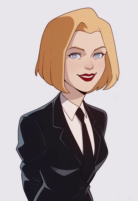 score_9, score_8_up, score_7_up, score_6_up, score_5_up, score_4_up, BREAK,
1girl, agentl, blonde hair, short hair, blue eyes, red lips, makeup,
black jacket, formal, suit, necktie, white shirt,
arms behind back, upper body, smile, looking at viewer, solo, simple background, white background <lora:AgentLXL:1>