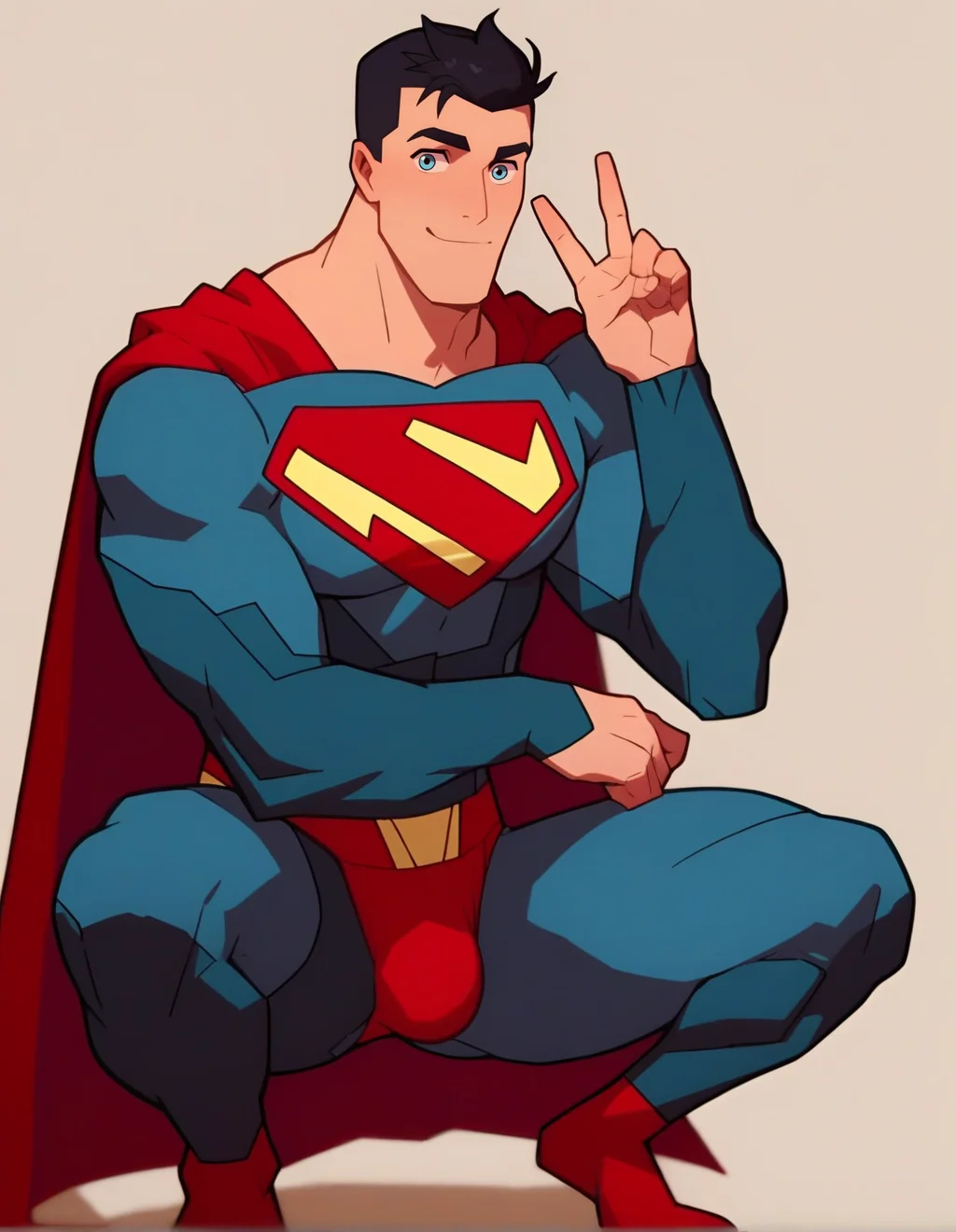 score_9, score_8_up, score_7_up, r <lora:Clark_Kent:1>, superman, male focus, 1boy, simple background, black hair, bodysuit, cape, looking at viewer, light smile, muscular male, superhero, bara, bulge, squatting, v, spread legs, one hand up
