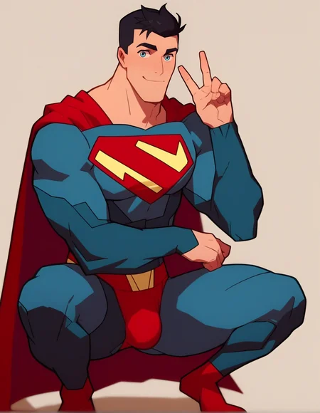 score_9, score_8_up, score_7_up, r <lora:Clark_Kent:1>, superman, male focus, 1boy, simple background, black hair, bodysuit, cape, looking at viewer, light smile, muscular male, superhero, bara, bulge, squatting, v, spread legs, one hand up