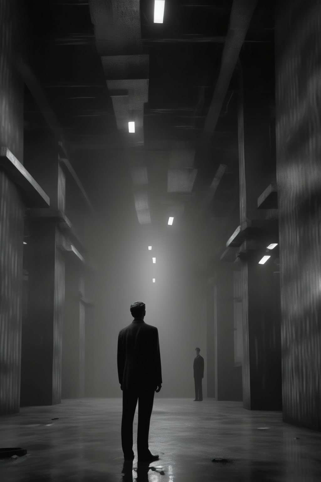 <lora:Director David Fincher style:1>Director David Fincher style - In a cinematic scene set in 2023, we find ourselves in a neo-noir horror world, captured in timeless black and white. In this intriguing point-of-view shot, within the confines of a factory. To his surprise, a mysterious, abstract face materializes on the wall, seemingly projected, and begins speaking. The enigmatic presence is bathed in peculiar lighting, evoking an almost otherworldly or science-fiction-like atmosphere.The location is an office, its walls cracked and dirty, exuding a surreal atmosphere. filmed using a Blackmagic Pocket Cinema Camera 4K with a Sigma 18-35mm f 1.8 DC HSM Art lens, immerse us in the unfolding events. Directedthe scene radiates despair, utilizing film grain, floor lamps, and softbox lighting to evoke a sense of dread.
