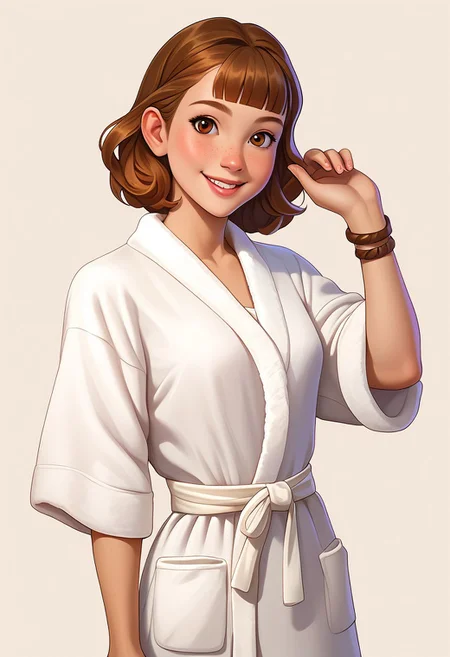score_9, score_8_up, score_7_up, cgasfcg, masterpiece, best quality, detailed eyes, detailed face, perfect eyes, high detailed, absurdres, highres, casual game art, mobile game art, merge 3 game art, character design, Casgas, BREAK 1girl, woman, young, solo, smile, freckles, small breasts, brown medium hair with blunt bangs, brown eyes, white bathrobe, white bathrobe with a tied belt at the waist, brown bracelet on the left arm, right arm raised and bent at the elbow, left arm at the hip, looking at viewer, standing, cowboy shot, semi-sideways, half-sideways, simple background, white background