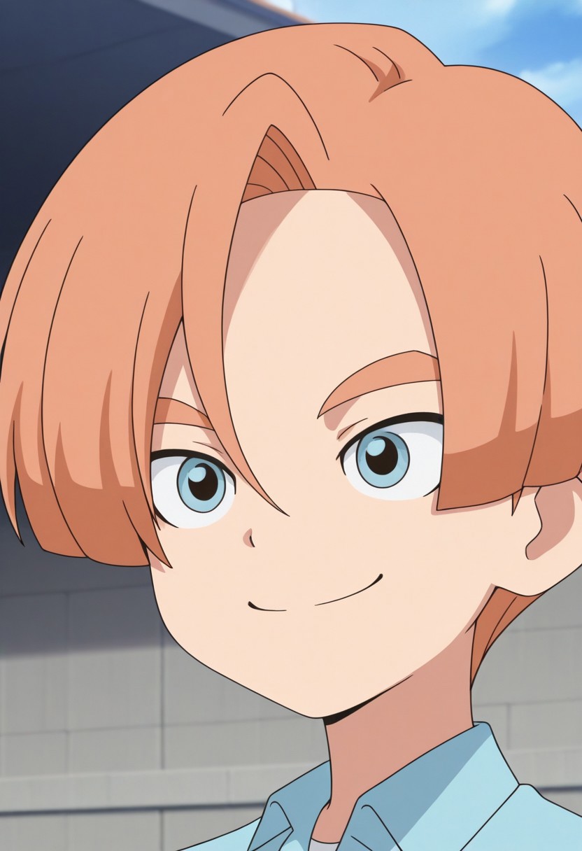 masterpiece,best quality,amazing quality, source_anime,
malikkuabel, 1boy, male focus, solo, blue eyes, orange hair, light blue shirt, collared shirt, smile, happy, portrait,
outdoor,