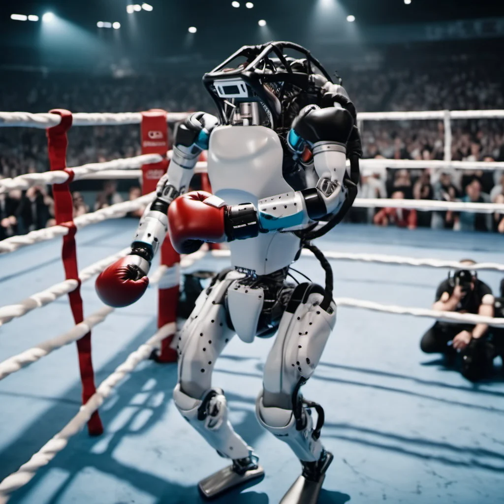 cinematic photo robots wears boxinggloves, boxing on a ring in a crowded stadium <lora:Atlas1024-000160:0.8> . 35mm photograph, film, bokeh, professional, 4k, highly detailed