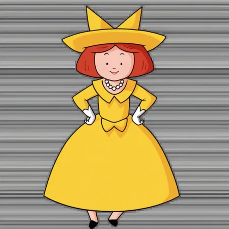 1girl, solo, Madeline, yellow hat with a black hair bow, white gloves, red hair, smile, full body, princess make up, Very long large floor length wide straight yellow tulle long sleeved ball gown hoop skirt, ball gown hoop skirt, yellow princess dress, hoopdress, white pearl necklace, long elbow length princess gloves, my big princess gypsy wedding dress, ballgown, a girl in a dress posing like a princess for a picture, looking at viewer, pretty eyes, she is posing, hands on hips, closed mouth, closed eyes,