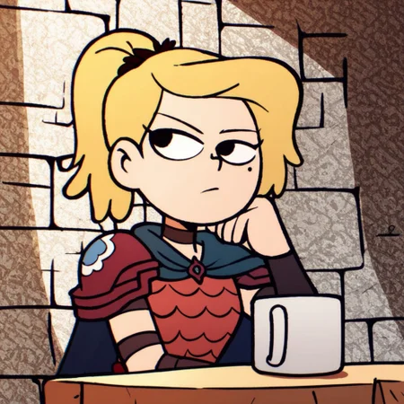 <lora:EasyNegativeV2:1>, <lora:Amphibia_Character_Set_Lora:1>,<lora:ScottPilgrim:0.8>,sketch, anime coloring, black eyes, score_9, score_8_up, score_7_up, score_6_up, scottp, CHSASHAWAYBRIGHT, ((teen)), sitting in medieval dungeon, leaning against table, Red Armour, Sashaoutfit, bored look, looking to the side, mug of ale, finger around rim of mug, solo,