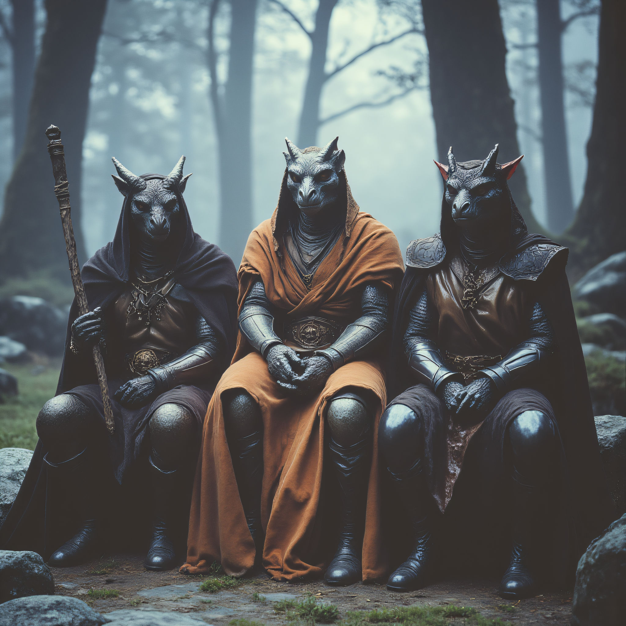 ArsMovieStill, 80s Fantasy Movie Still, The image shows three people dressed up as dragons sitting on a stone bench in a forest. The person on the left is wearing a black cloak with a hood and holding a staff while the person in the middle is sitting on the right is wearing an orange robe with a dragon-like headdress. All three people are wearing armor and have horns on their heads. The background is filled with trees and there is a foggy atmosphere. The overall mood of the image is eerie and mysterious., weapon, armor, multiple boys, sitting, sword, furry, chainmail, 3boys, staff, boots
