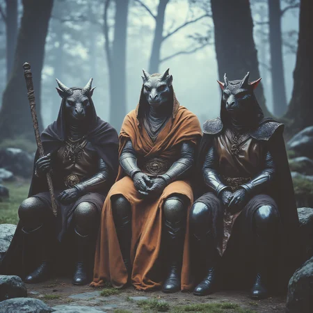 ArsMovieStill, 80s Fantasy Movie Still, The image shows three people dressed up as dragons sitting on a stone bench in a forest. The person on the left is wearing a black cloak with a hood and holding a staff while the person in the middle is sitting on the right is wearing an orange robe with a dragon-like headdress. All three people are wearing armor and have horns on their heads. The background is filled with trees and there is a foggy atmosphere. The overall mood of the image is eerie and mysterious., weapon, armor, multiple boys, sitting, sword, furry, chainmail, 3boys, staff, boots