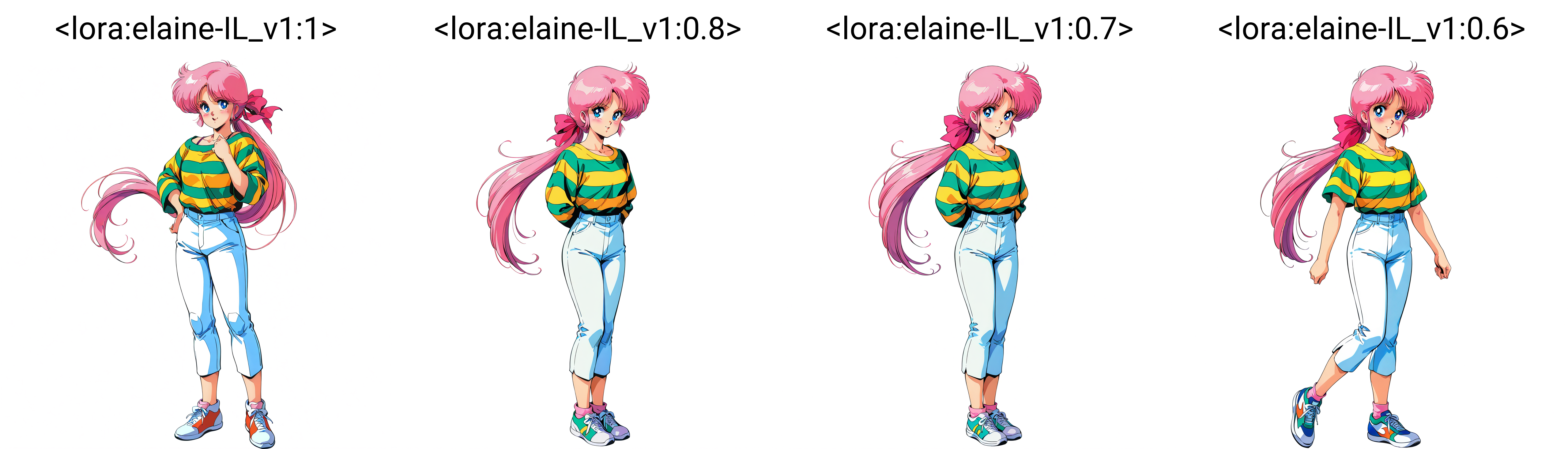 [generated by waiNSFW_v120:100]
anime coloring,  4K, BREAK
<lora:elaine-IL_v1:1>elaine, 1girl, bangs, solo, 1980s(style), retro art style,
purple pink hair, low ponytail, very long hair, pink hair ribbon, BREAK
blue eyes,  BREAK
striped shirts,  white capri pants,
shoes,
blush
standing,
no background, white background,
beautiful face, best quality,