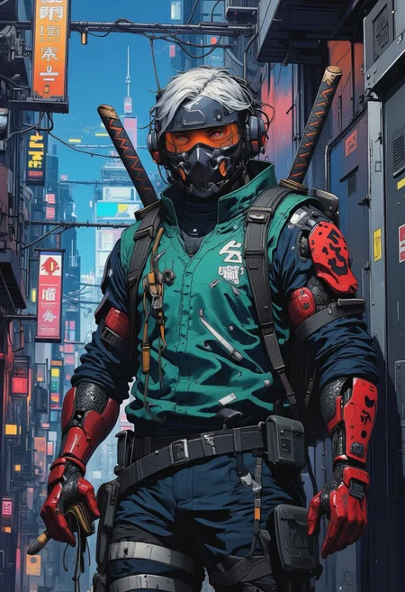 amazing cyberpunk anime artwork, thin lines, sharp,  (cyborg:.8)  man as ninja assassin with cybernetic implants. He is holding a katana.  Masculine, male, muscular, human, human face, red and black cybernetic arms
Lurking in the shadows of cyberpunk city background alley under neon 
 grey hair, covered mouth, mouth mask, red eye, scar across eye, forehead protector, gloves, konohagakure symbol, mature, green vest, 
lights<lora:BLUE_mk4_angel_FLUX_03:1.3> <lora:CPA:1>  <lora:FLUXEvolyzedV1:1>