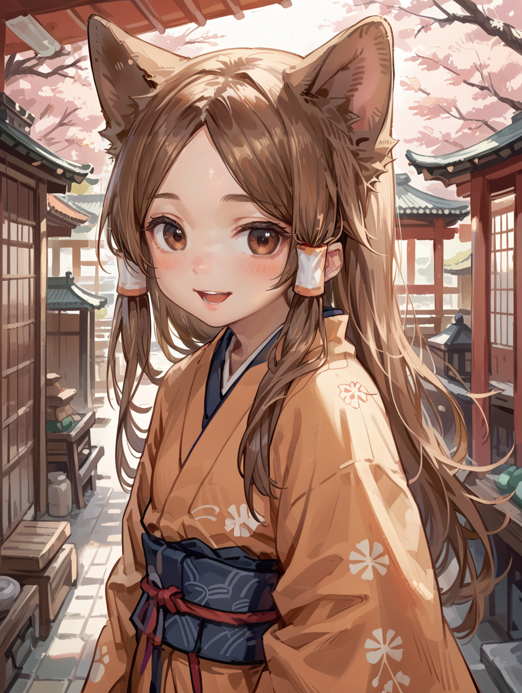score_9, score_8_up, score_7_up,source_anime,
1girl,solo,animal ears,smile,dog ears,open mouth,blush,long hair,hair tubes,brown eyes,:d,japanese clothes,bangs,brown hair,parted bangs,looking at viewer,
<lora:style006:0.7>