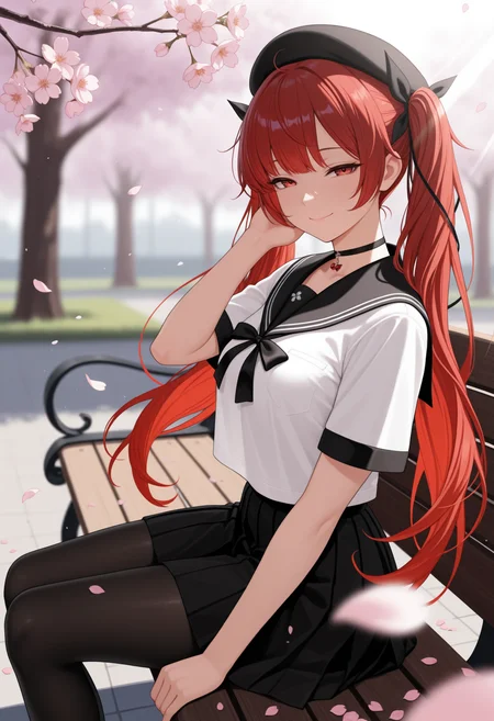 masterpiece, best quality, 1girl, solo, H0n0luluSchl, red eyes, red hair, long hair, twintails, hair ribbon, black ribbon, black beret, choker, white serafuku, black sailor collar, short sleeves, black skirt, black pantyhose, sitting, on bench, outdoors, looking at viewer, smile, half-closed eyes, from side, cherry blossoms, falling petals, pink petals, wind, sunbeam, glint, depth of field, tucking hair, <lora:ChamHonoluluNoob:1>