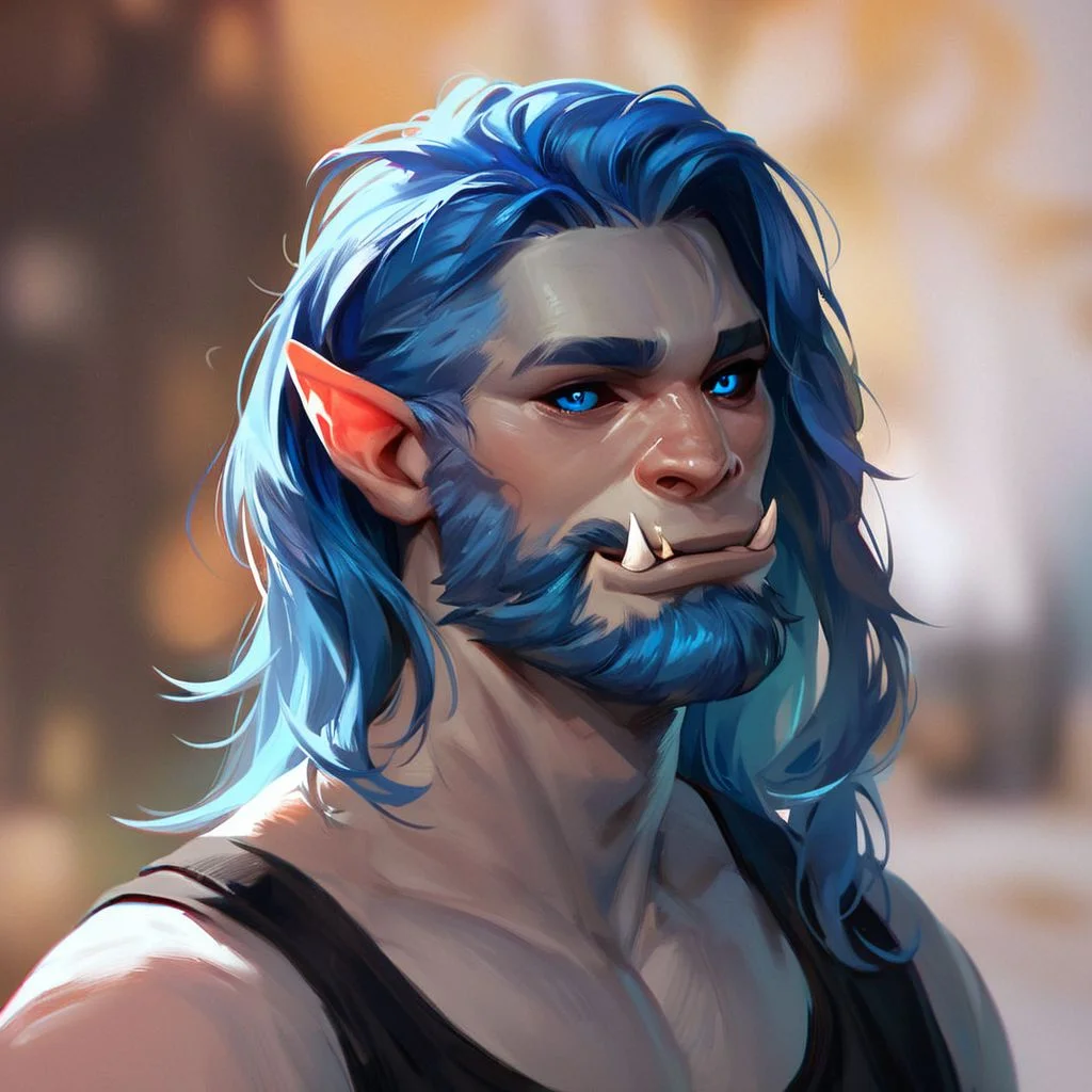 (((beautiful, high quality))), upper Body, score_9, score_8_up, score_7_up,
Orc, fangs, pointed ears, black sclera, 1boy, male focus, grey, blue eyes, blue hair, beard, black top,
looking at the viewer, posing,
blurred background,