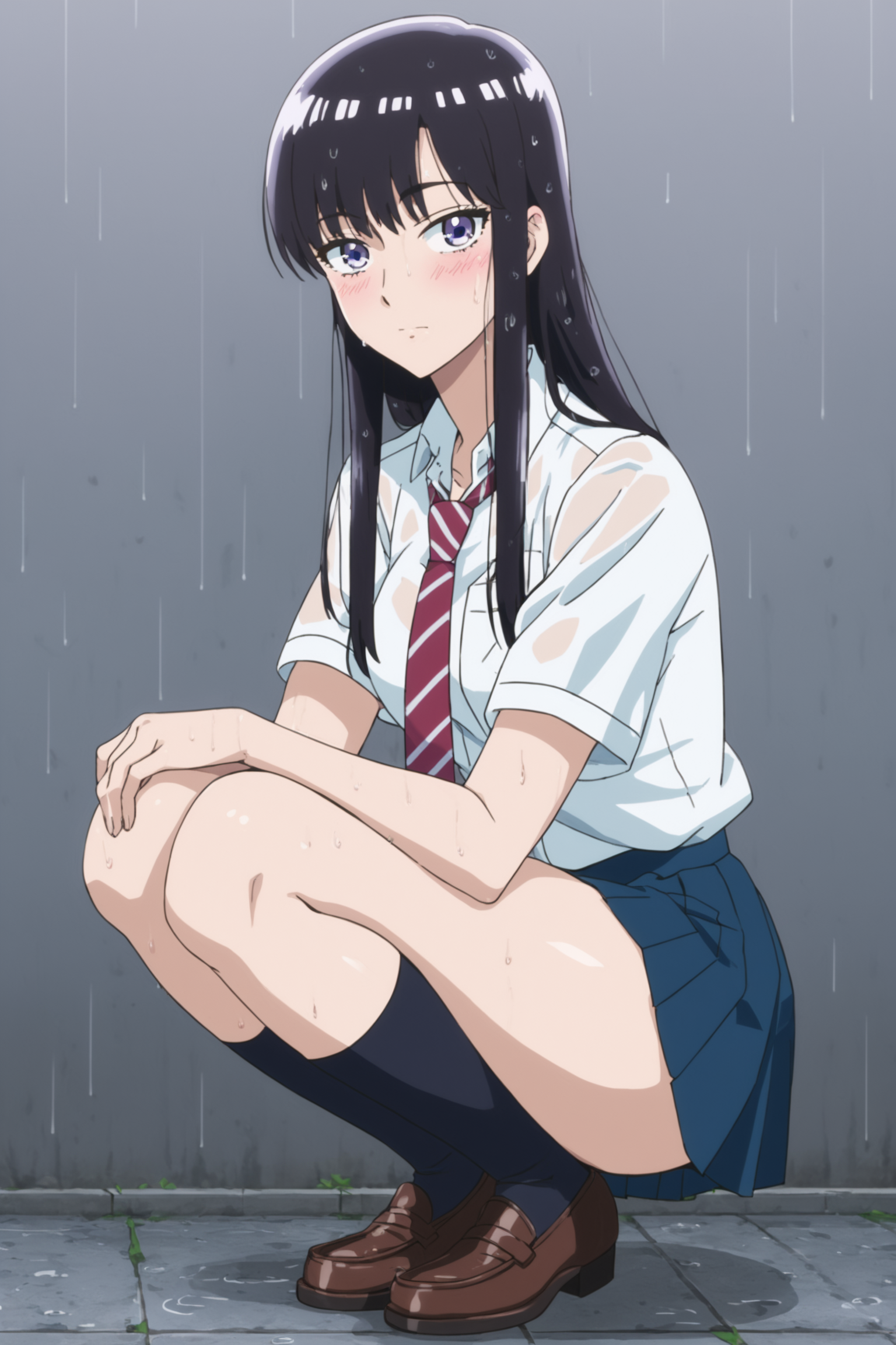 tachibana akira, long hair, black hair, purple eyes, tachibanaschool, school uniform, white shirt, collared shirt, short sleeves, red necktie, striped necktie, pleated skirt, blue skirt, black kneehighs, loafers, <lora:Akira_Tachibana:0.9>, score_9, score_8_up, score_7_up, score_6_up, score_5_up, source_anime, rating_safe, outdoors, raining, wet, wet clothes, 1girl, solo, looking at viewer, (dynamic pose:1.2), (full body:1.2), sitting, squatting