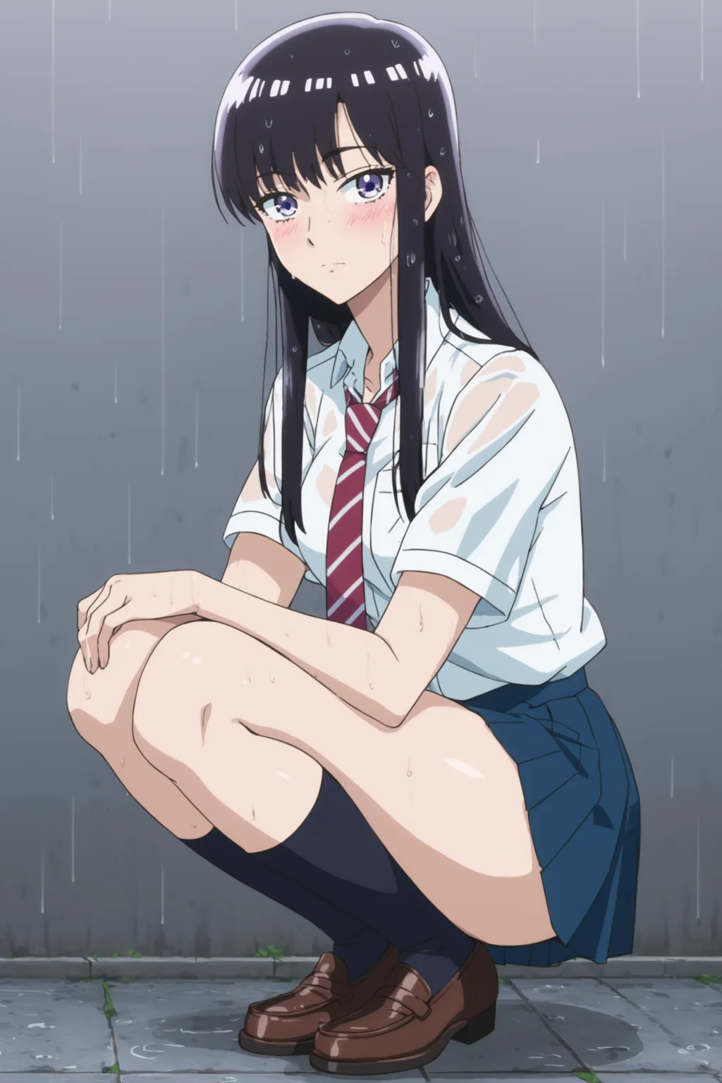 tachibana akira, long hair, black hair, purple eyes, tachibanaschool, school uniform, white shirt, collared shirt, short sleeves, red necktie, striped necktie, pleated skirt, blue skirt, black kneehighs, loafers, <lora:Akira_Tachibana:0.9>, score_9, score_8_up, score_7_up, score_6_up, score_5_up, source_anime, rating_safe, outdoors, raining, wet, wet clothes, 1girl, solo, looking at viewer, (dynamic pose:1.2), (full body:1.2), sitting, squatting