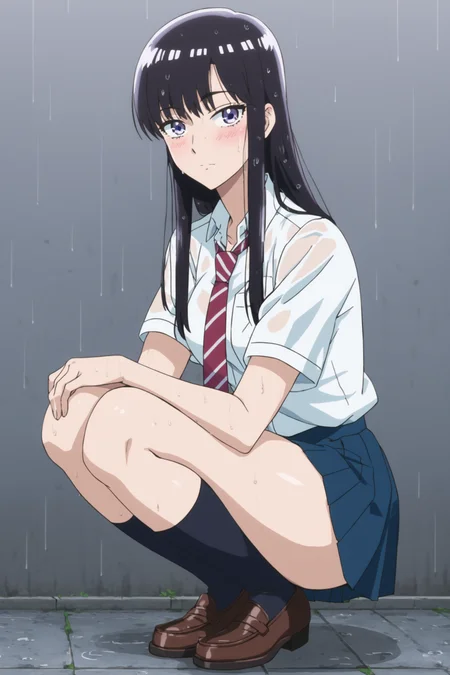 tachibana akira, long hair, black hair, purple eyes, tachibanaschool, school uniform, white shirt, collared shirt, short sleeves, red necktie, striped necktie, pleated skirt, blue skirt, black kneehighs, loafers, <lora:Akira_Tachibana:0.9>, score_9, score_8_up, score_7_up, score_6_up, score_5_up, source_anime, rating_safe, outdoors, raining, wet, wet clothes, 1girl, solo, looking at viewer, (dynamic pose:1.2), (full body:1.2), sitting, squatting