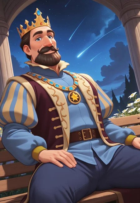 masterpiece, best quality, amazing quality, KingFrederic, short hair, greying brown hair, blue eyes, beard, mustache, mature male, muscular, crown, jeweled necklace, medallion, dark-maroon coat, blue long sleeve shirt, puffy sleeves, belt, looking at viewer, smile, dynamic pose, detailed background, dutch angle, upper body, cowboy shot, night, fantasy kingdom, clouds, stars, hand on thigh, bloom, shooting star, palace garden, flowers, sitting on a bench, spread legs, below view, blue pants,