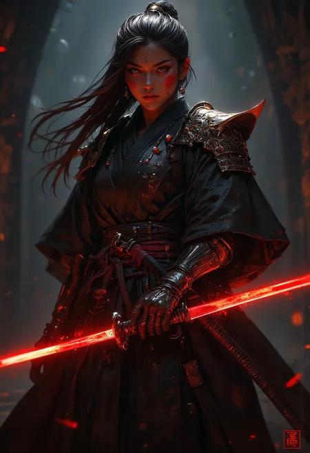 samurai girl wearing a kimono with shoulder armor, she's holding a katana glowing with red energy, her long hair is flowing in the wind, she stands in a dojo training for her next battle. (maximum ultra high definition image quality and rendering:3), maximum image detail, maximum realistic render, (((ultra realist style))), realist side lighting, , 8K high definition, realist soft lighting, (amazing special effect:3.5). S1n0z1ck style, mythp0rt, samurai