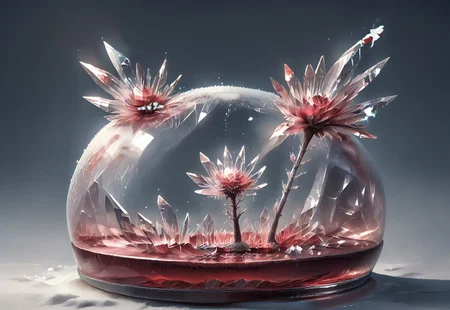 score_9_up, score_8_up, score_7_up, fr0stwrld, ice flower, Quartz crystal, red glass crystal rose within a snow globe