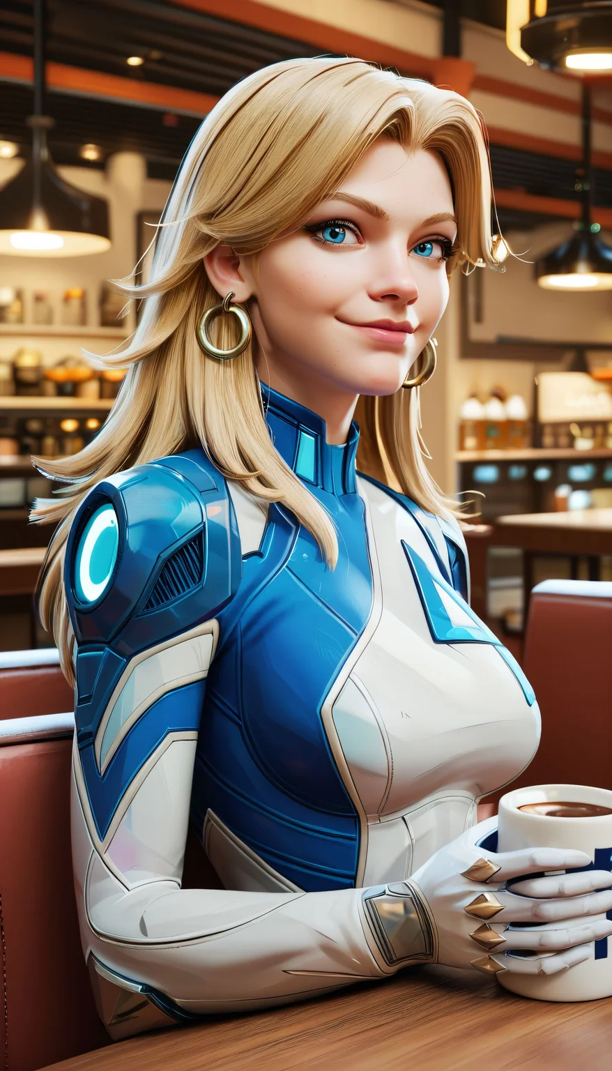 zPDXL3, <lora:InvisibleWomanMR:.7>,
invsblwmnmr, woman, long blonde hair,blue eyes, white bodysuit, earrings, medium breasts, looking at viewer, smiling, sitting, behind a table, inside cafe, holding coffee mug, upper body shot,