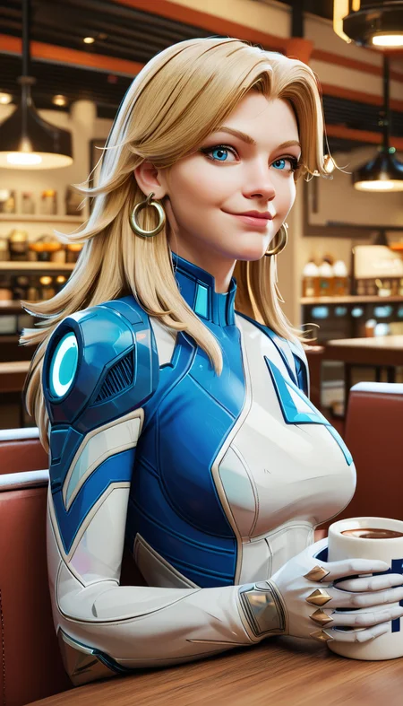 zPDXL3, <lora:InvisibleWomanMR:.7>,
invsblwmnmr, woman, long blonde hair,blue eyes, white bodysuit, earrings, medium breasts, looking at viewer, smiling, sitting, behind a table, inside cafe, holding coffee mug, upper body shot,