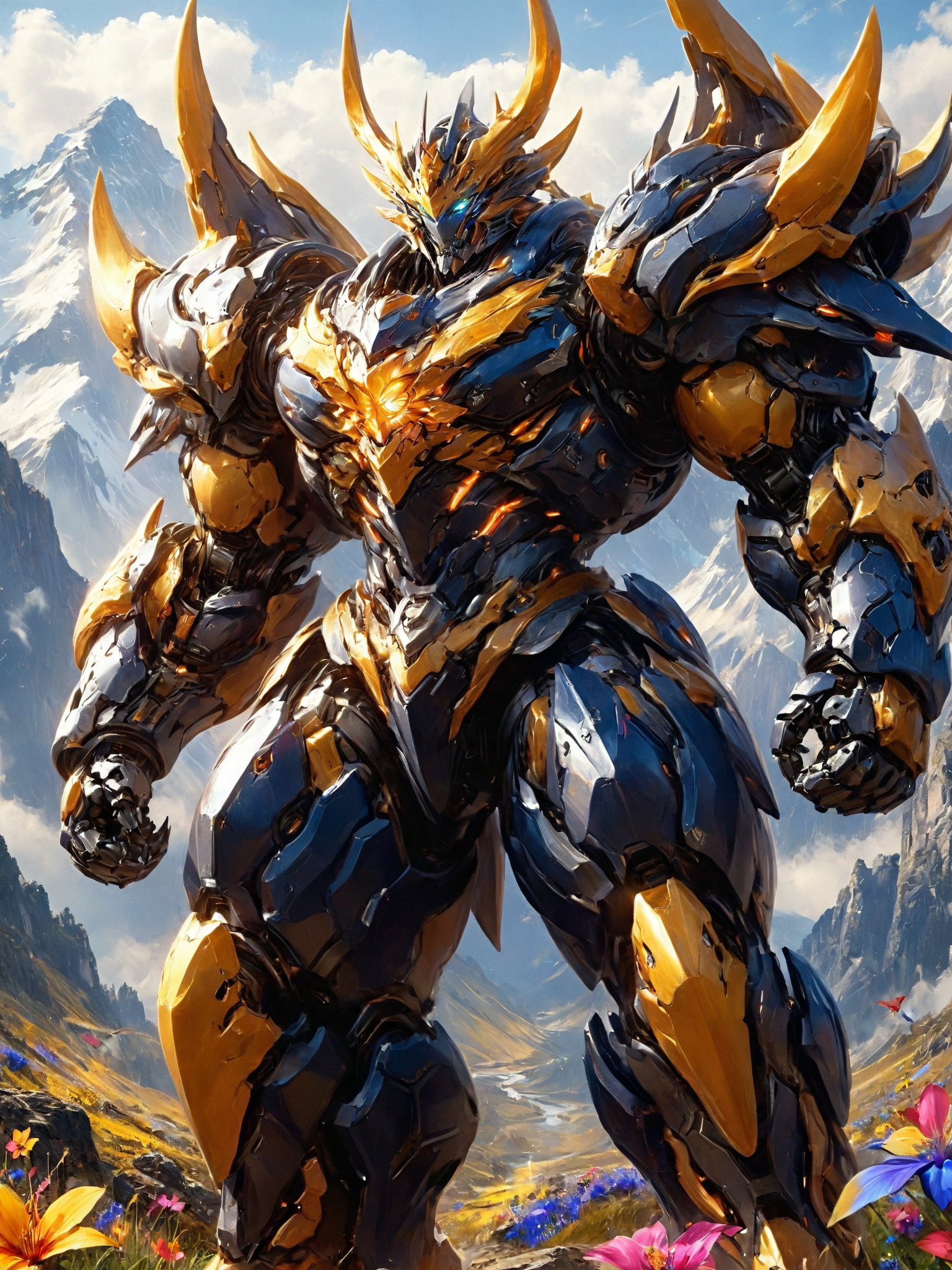 Super realistic,photography,cinematic lighting,A robot wearing heavy armor stood at the top of a mountain,with colorful wildflowers blooming at its feet,the dragon mech had an armor of teeth and claws,the armor was sharp enough to keep people away,highly saturated,brilliant colors,glowing,<lora:n2-bodybuilder-000012:0.6>,(bodybuilder,huge muscle,thick limbs,thick thighs,muscle:1.2),(extremely muscular:1.2),<lora:p9-nijimecha-000009:0.5>,nijimecha,<lora:Hyper-SDXL-8steps-CFG-lora:0.3>,