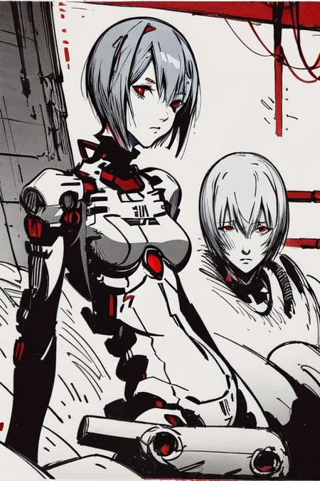 <lora:blame5:1>, cyborg rei ayanami, (ayanami rei:1.2), blue hair, short hair, (red eyes:1.3), portrait, dim light, ((heavy black and white)), only head portrait, blame, full of tubes, biomechanical, giger, horror, mechanical, tubes and metal, rei ayanami, (ayanami rei:1.2), blue hair, short hair, (red eyes:1.3),, bodysuit, headgear, plugsuit, black bodysuit, , hand drawn, pencil drawn, watercolor, painting, handmade