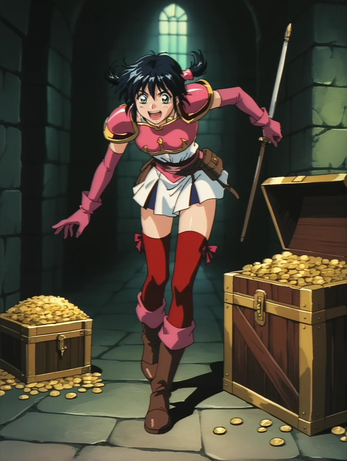 score_9, score_8_up, score_7_up, <lora:words-worth-ponyxl-000009:0.8> silvanna, shoulder armor, pink elbow gloves, red thighhighs, dungeon, treasure chest, excited, gold coin, shining, dim lighting