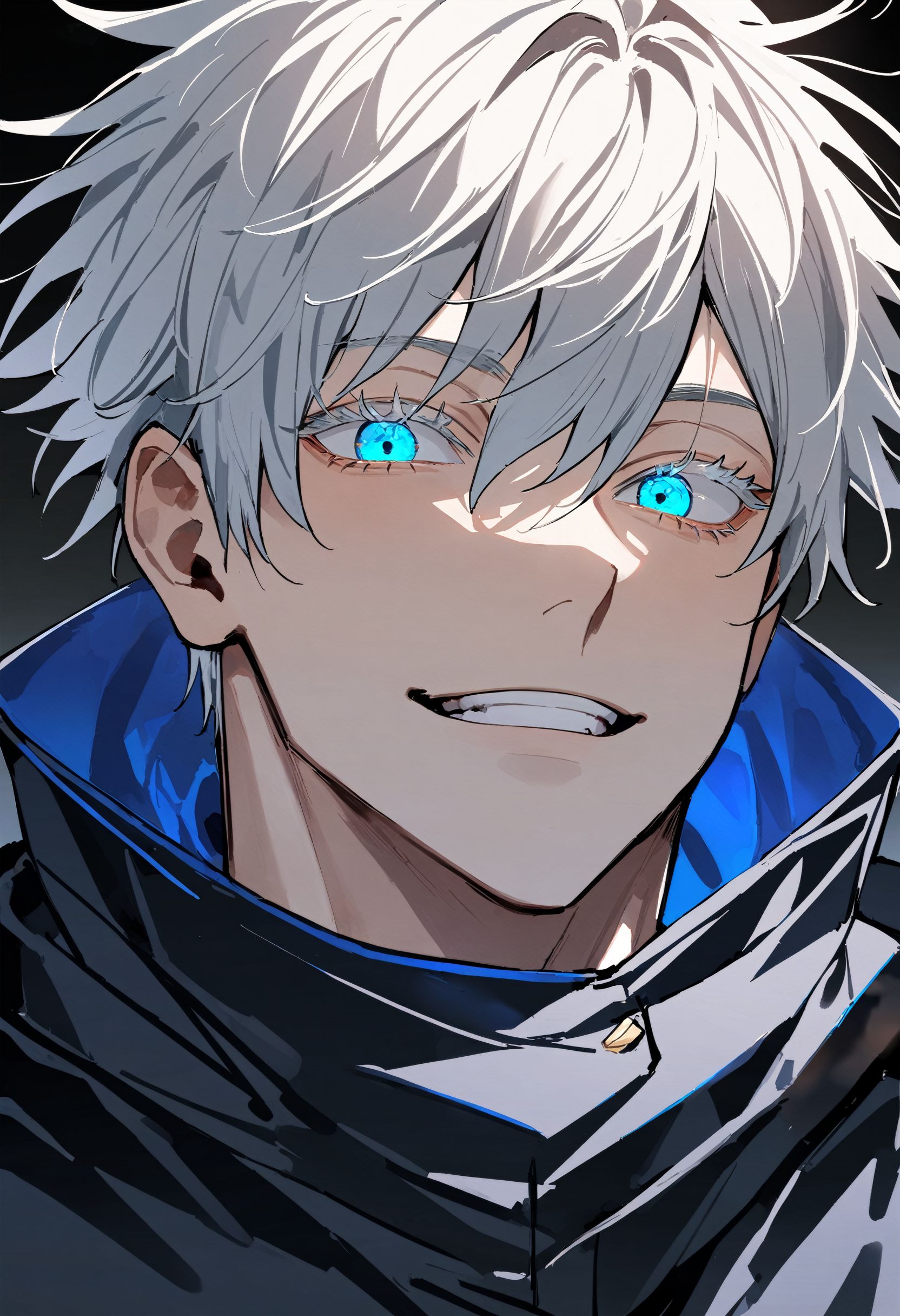 1boy, male focus, gojou satoru, jujutsu kaisen, light smile, face focus, beautifu eyesl, teeth, gradient background, effect
, SuperQuality, masterpiece, best quality, very aesthetic, absurdres, newest, high quality, highres